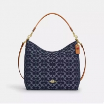 COACH蔲驰 LAUREL 36 经典印花拉链开合织物 斜挎单肩手提包 大号 女款 丹宁蓝色CY6